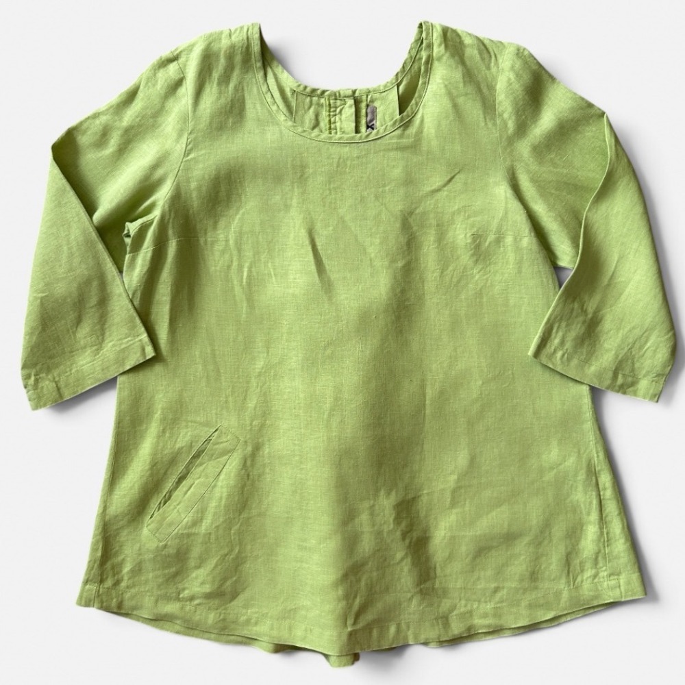 FLAX Women's Lime Green 100% Linen 3/4 Sleeve Lagenlook Button Back Tunic Top S